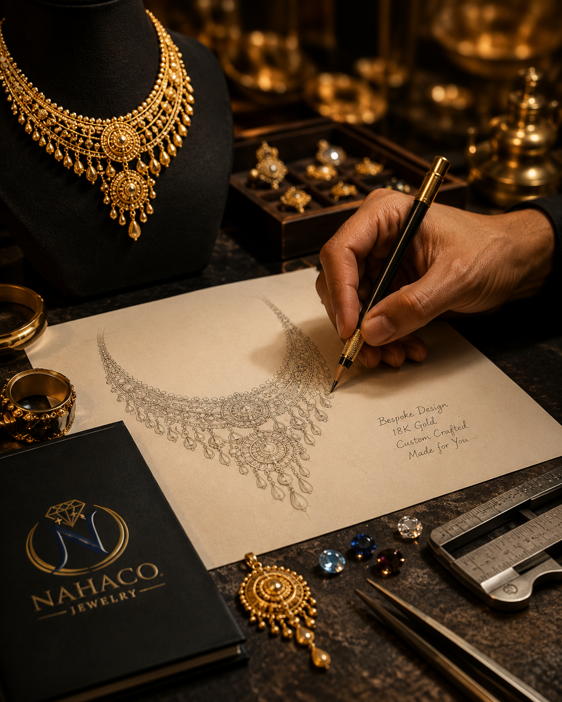 Bespoke Nahaco jewelry design sketch with gold necklace and tools