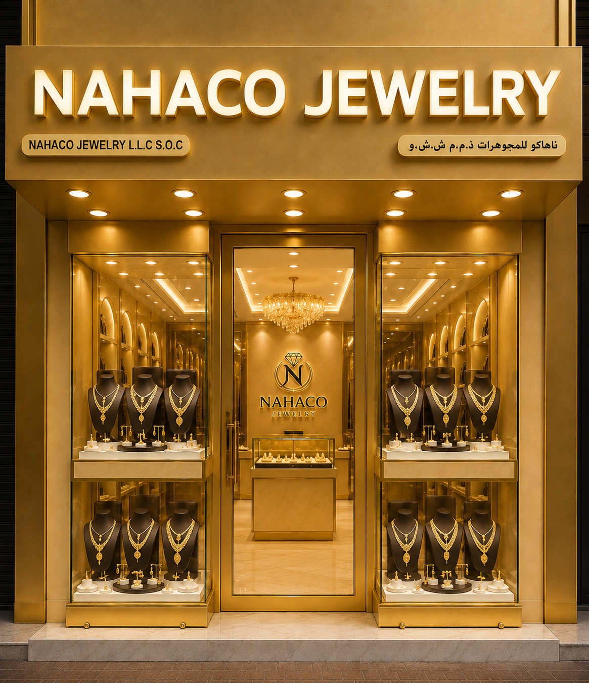 Nahaco Jewelry gold storefront and jewelry displays