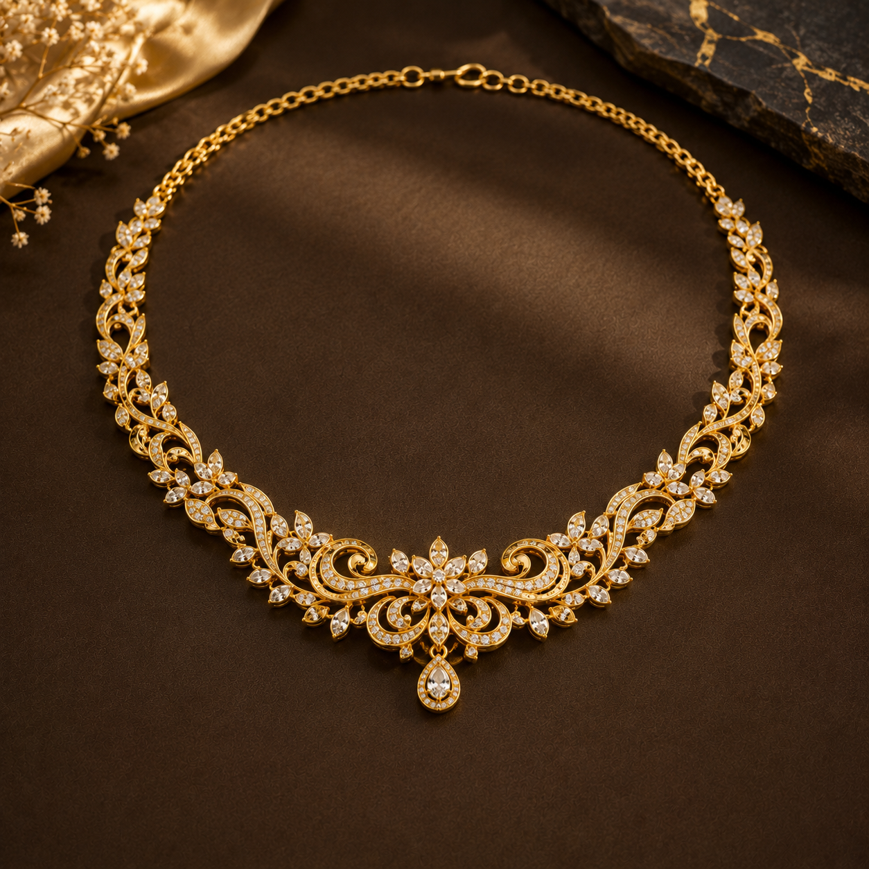 21K yellow gold floral necklace set with brilliant stones