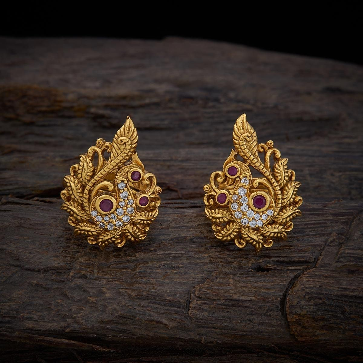 21K yellow gold peacock earrings with ruby and crystal details
